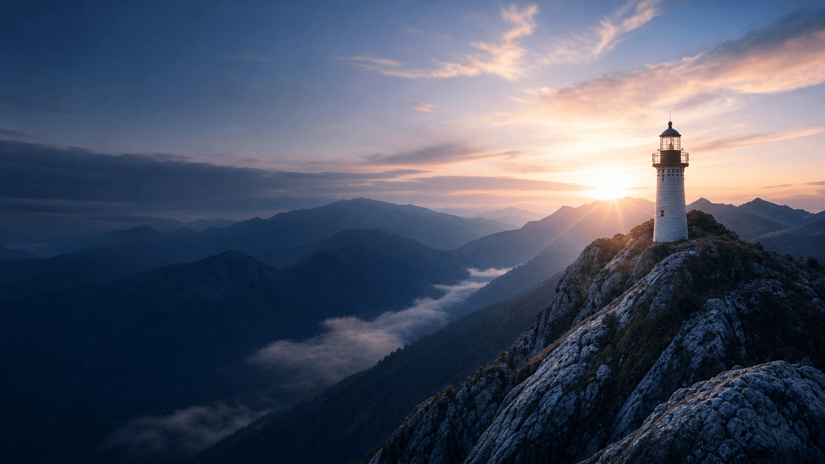 A lighthouse on a rugged mountain ridge at sunrise